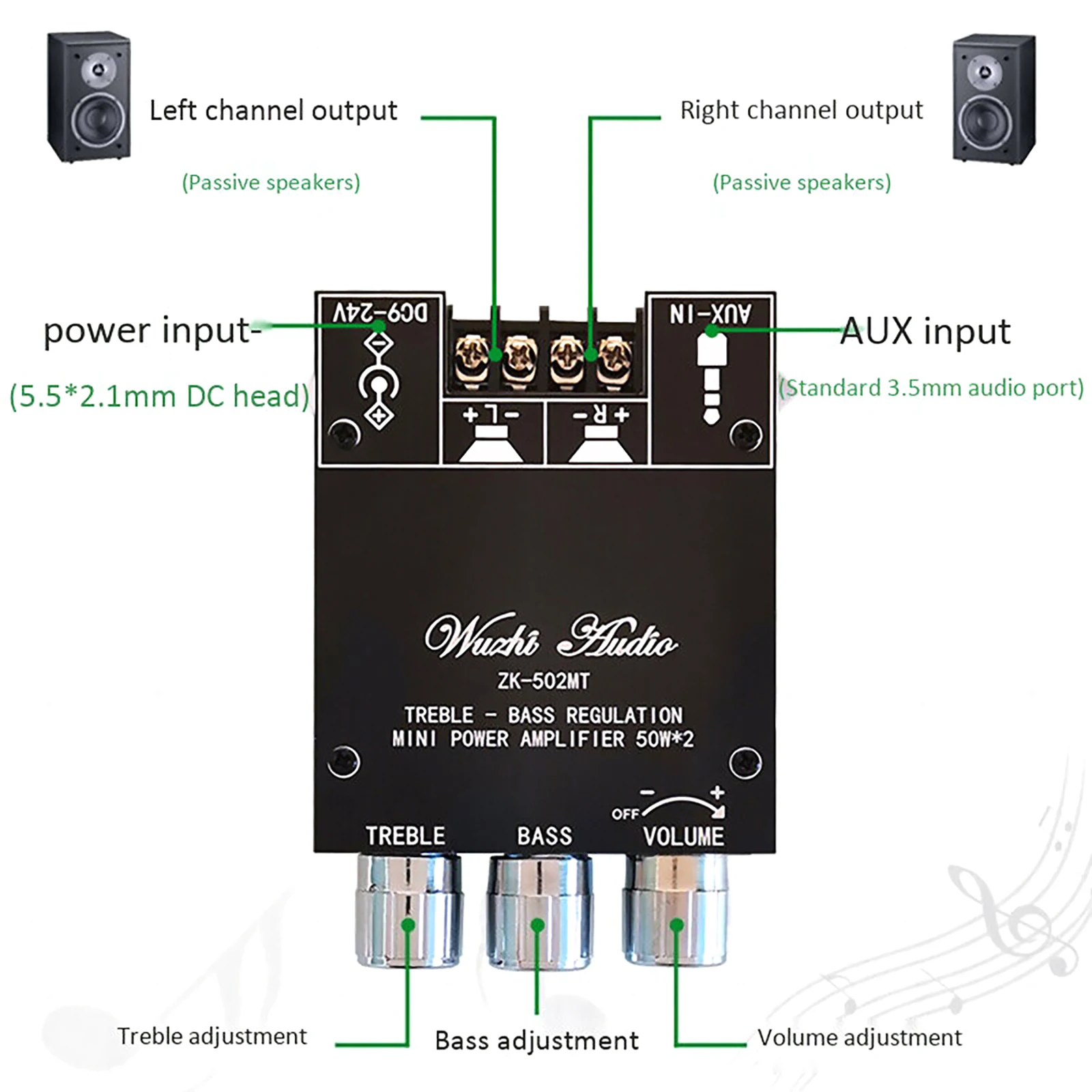 Subwoofer Amplifier Board Stereo, Módulo de Áudio Speaker, Bluetooth 5.0, 2.0 Channel, ZK-502MT, 2x50W