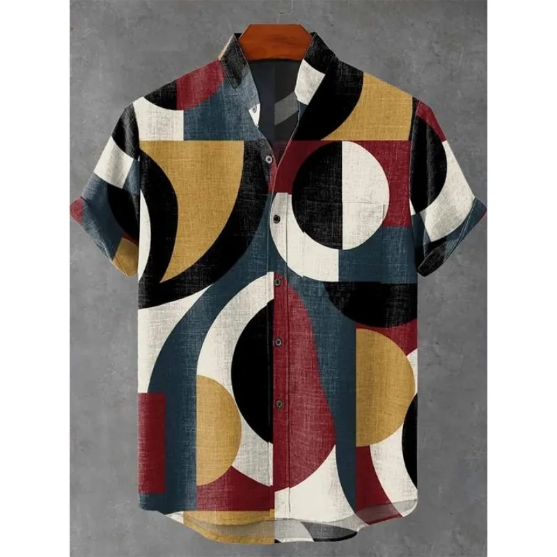 

Men's Geometric Colorblock Short Sleeve Shirt Modern Abstract Shapes Button Down Casual Art-Inspired Top Relaxed Fit Streetwear