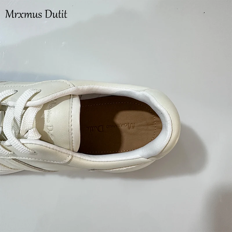 Mrxmus Dutit Women 2024 New Spring Fashion Leather Lacing Round Head Shoes Flat Thick Soled Shoes Solid Casual Versatile Sneaker