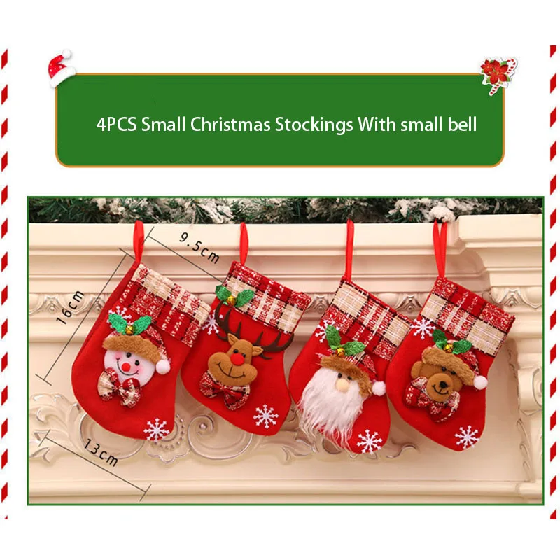 4pcs Small Christmas Stockings Christmas Tree Ornaments Christmas Candy Gift Bag Socks Merry Christmas Santa Claus Snowman Elk B - Image 6