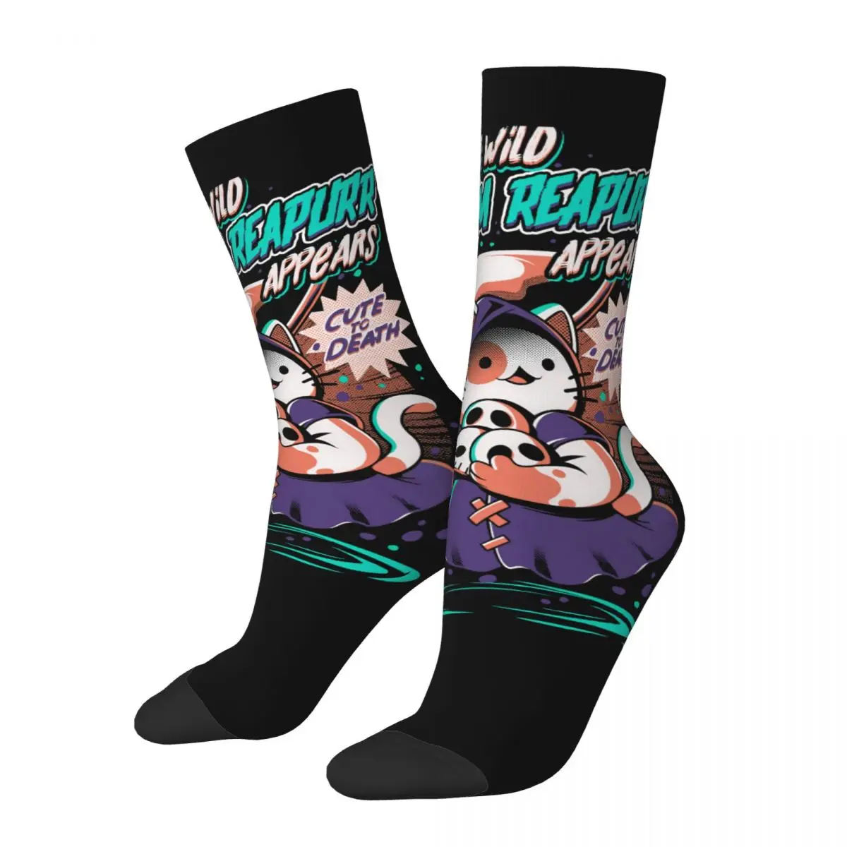 Funny Crazy Sock for Men Grim Reapurr Hip Hop Vintage Cat Arts Retro Seamless Pattern Printed Boys Crew compression Sock Casual