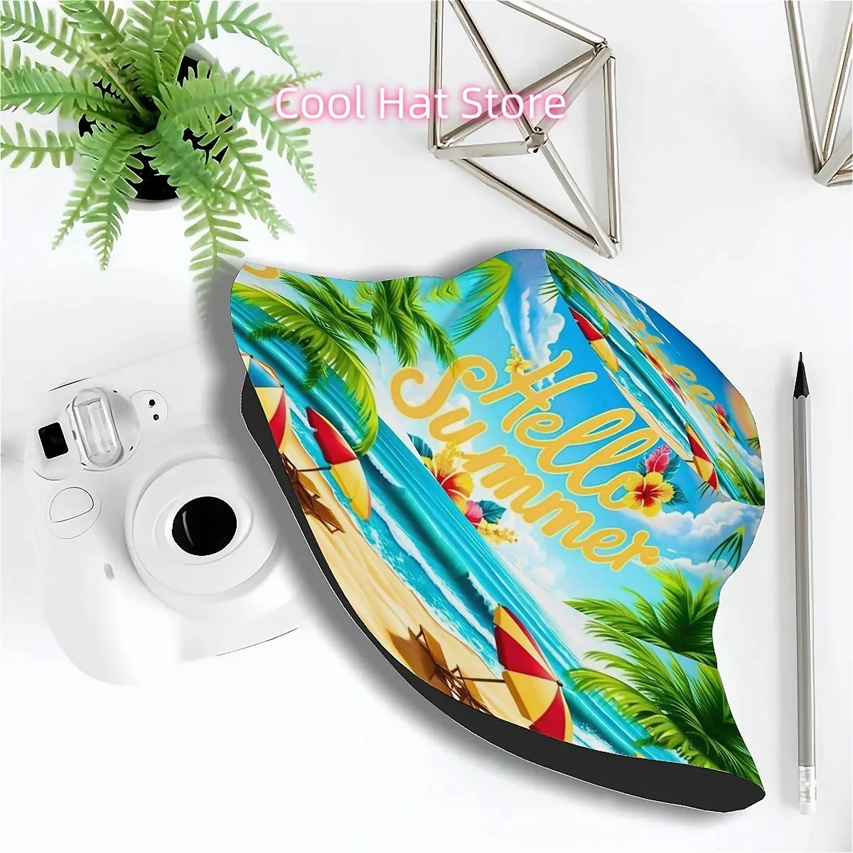 1pc Hello Summer Tropical Beach Hibiscus Pattern Unisex Printed Fisherman Hat, Stylish Hat with Fun, Outdoor Vacation Golf Beach