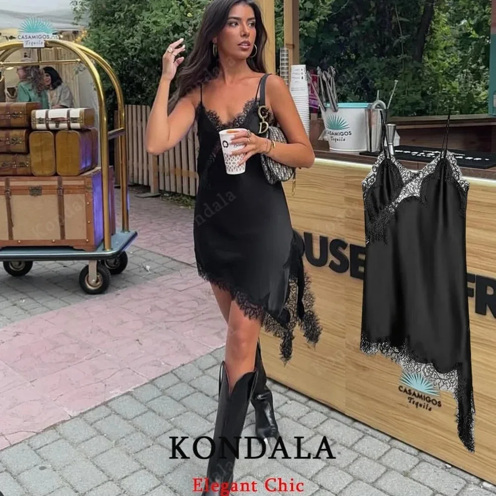 KONDALA Seksowna Sukienka Damska z Koronką, Wiązana na Szyi, Satynowa, Asymetryczna Mini Sukienka, Moda Lato-Jesień 2025, Sukienka na Imprezę, Wakacje, Plażę