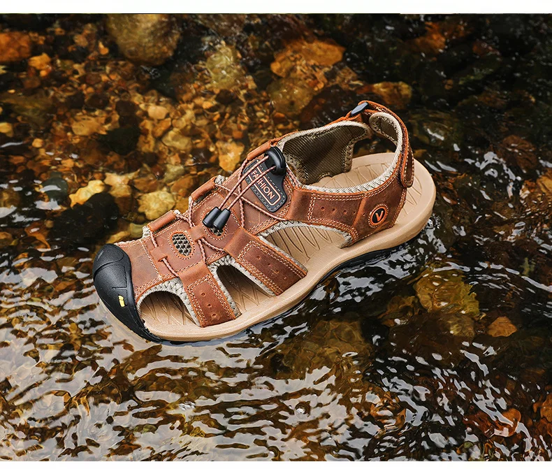 Sandalias de cuero genuino para hombre, zapatos de verano para hombre, zapatos de agua al aire libre, sandalias de cuero