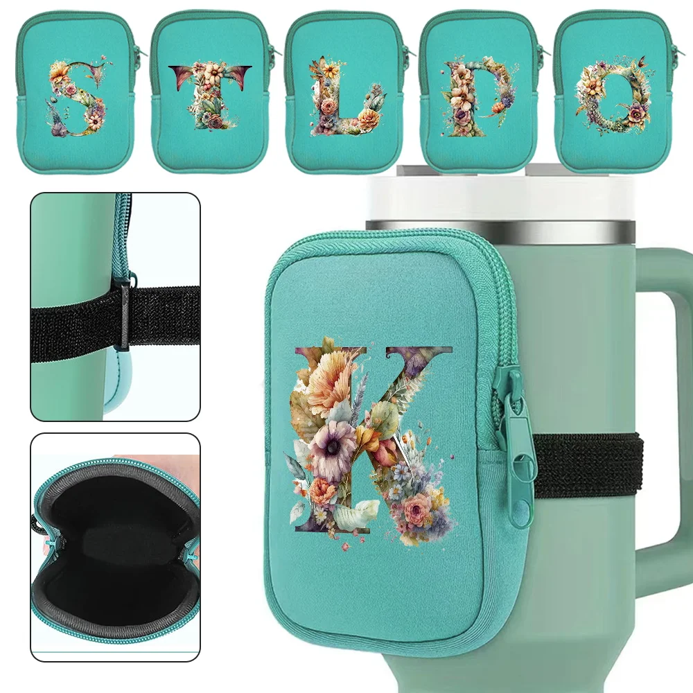 Sac de rangement multifonctionnel pour gourde de sport, avec double fermeture éclair, pour clés, cartes de fitness, motif floral et lettres, idéal pour l'extérieur