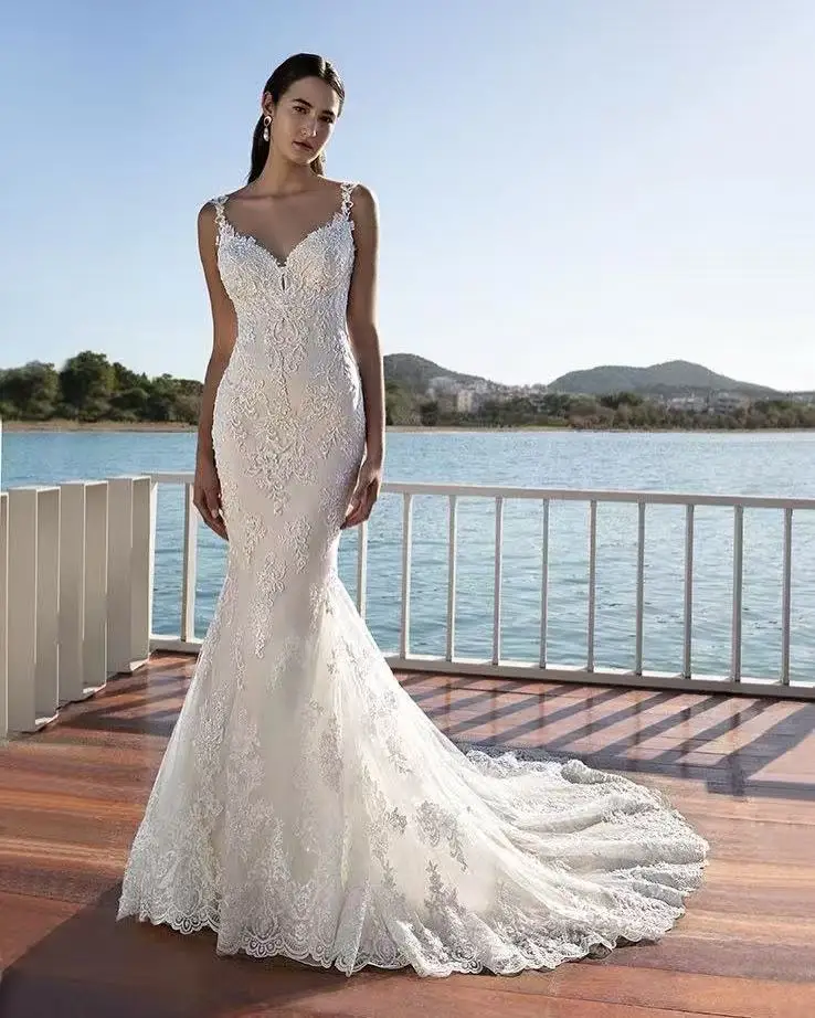Classic Bridal Gown Mermaid Style V‑Neck Thin Straps Full Floral Lace Appliques Deep Open Back Chapel Train Wedding Dress