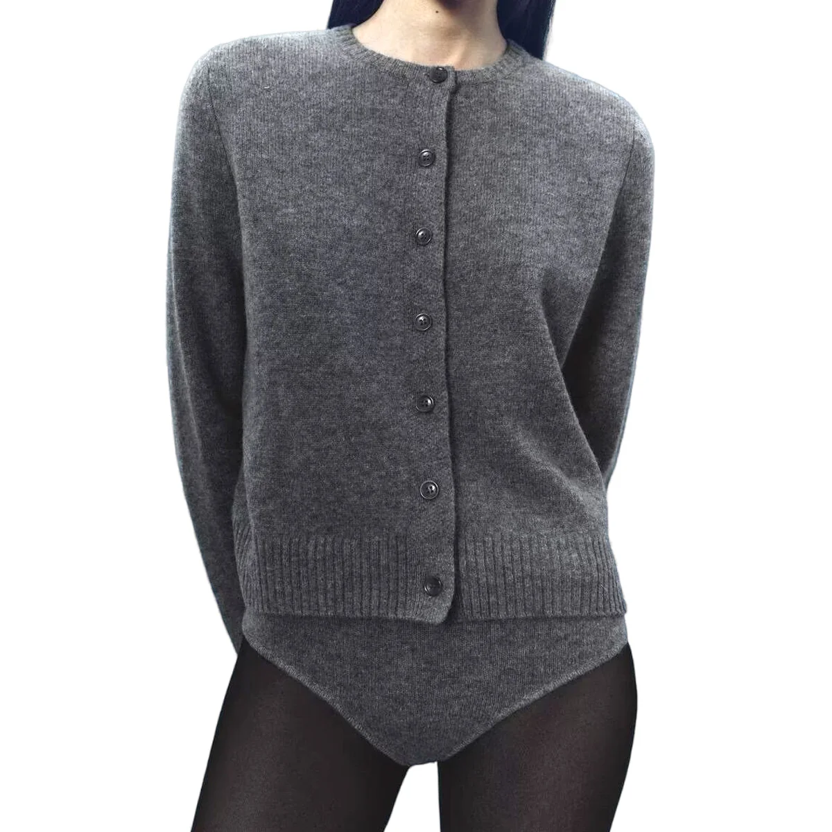 Women\'s Single Breasted Long Sleeve Sweater Gray Knit Cardigan Round Neck Minimalist Style Short Coat New Advanced