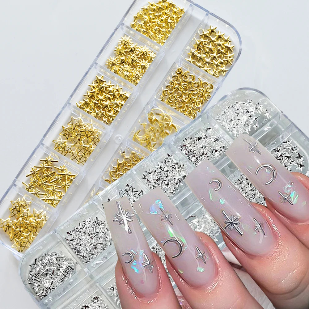 800pcs 3D Mixed Silver Gold Star Moon Sun Nail Charms Metallic Nail Rivet Studs Y2k Silver Alloy Starlight Cross Manicure Decora - Detail 1