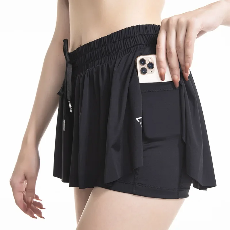 Fake saia esportiva de duas peças com bolsos para mulheres, shorts de cintura alta, dupla camada, shorts absorventes de suor, fitness culottes, monocromático