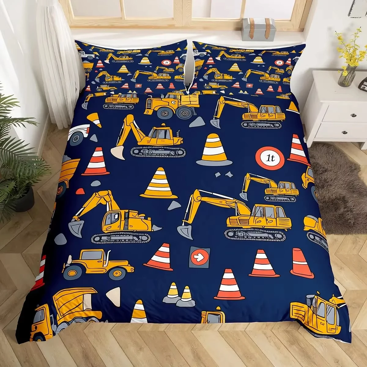 Excavator Dinosaur Duvet Cover Construction Vehicles Bedding Set Equipment Trucks Comforter Cover Twin Queen King Quilt Cover