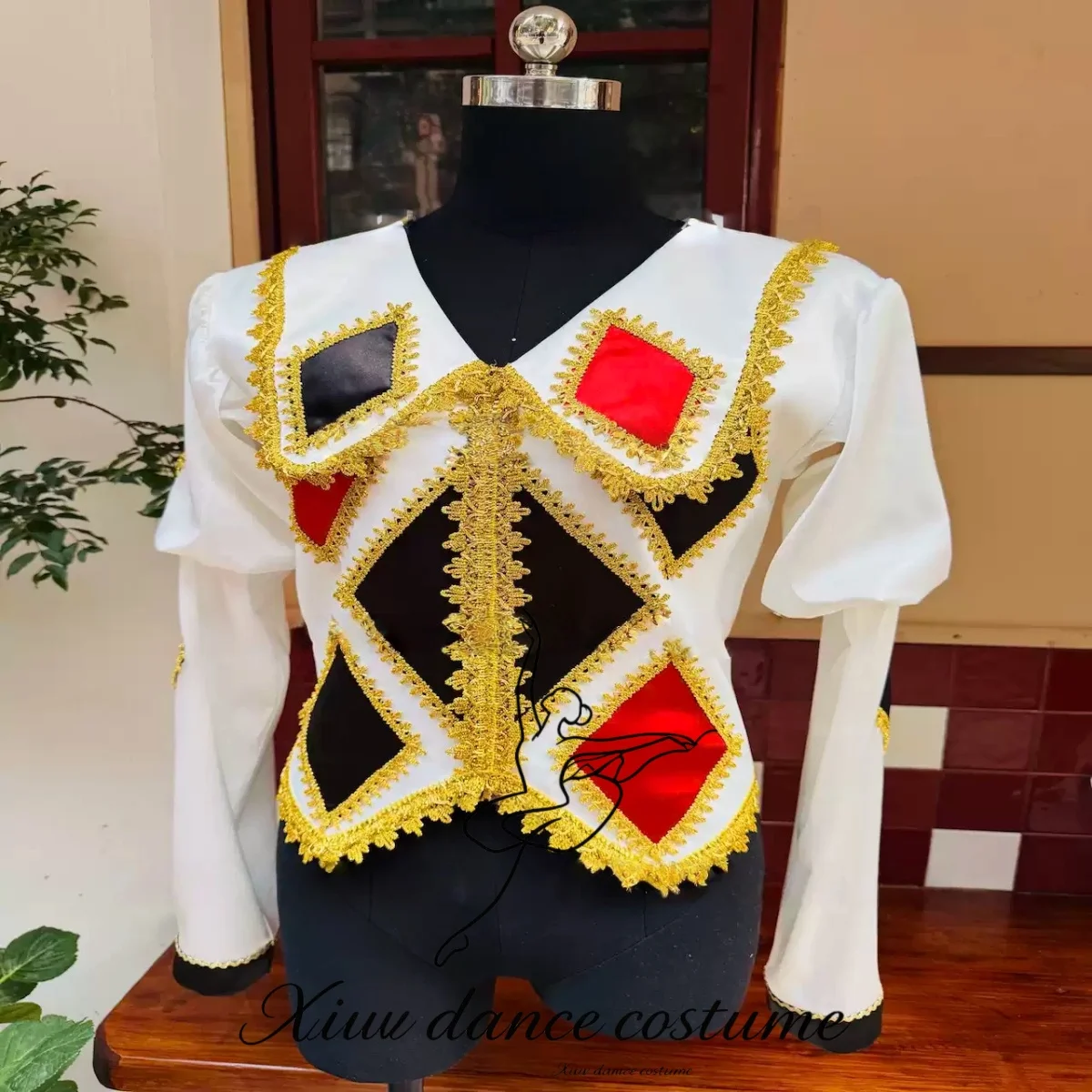 White Million Joker Black Red Diamond Geometric Long Sleeve Male Variations Ballet Performance Costume Customization