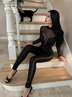 Mesh Patchwork Jumpsuits For Women Fashion Sexy Club Sequined Long Sleeves O-Neck Slim Fit See Through Romper Female Streetwear - Image 6