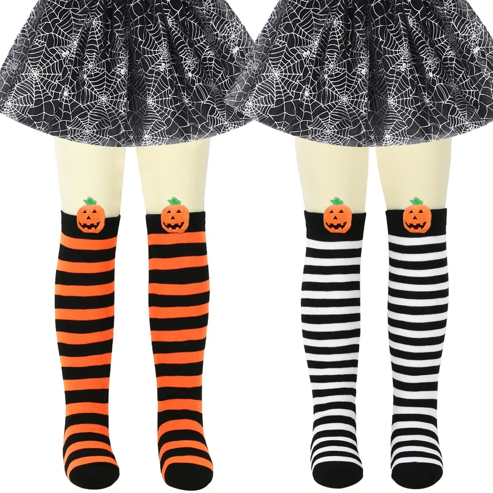 Children Halloween Socks Striped Cartoon Pumpkin Decor Knee-High Socks for Girls Stretch Long Socks Kids Party Cosplay Costume