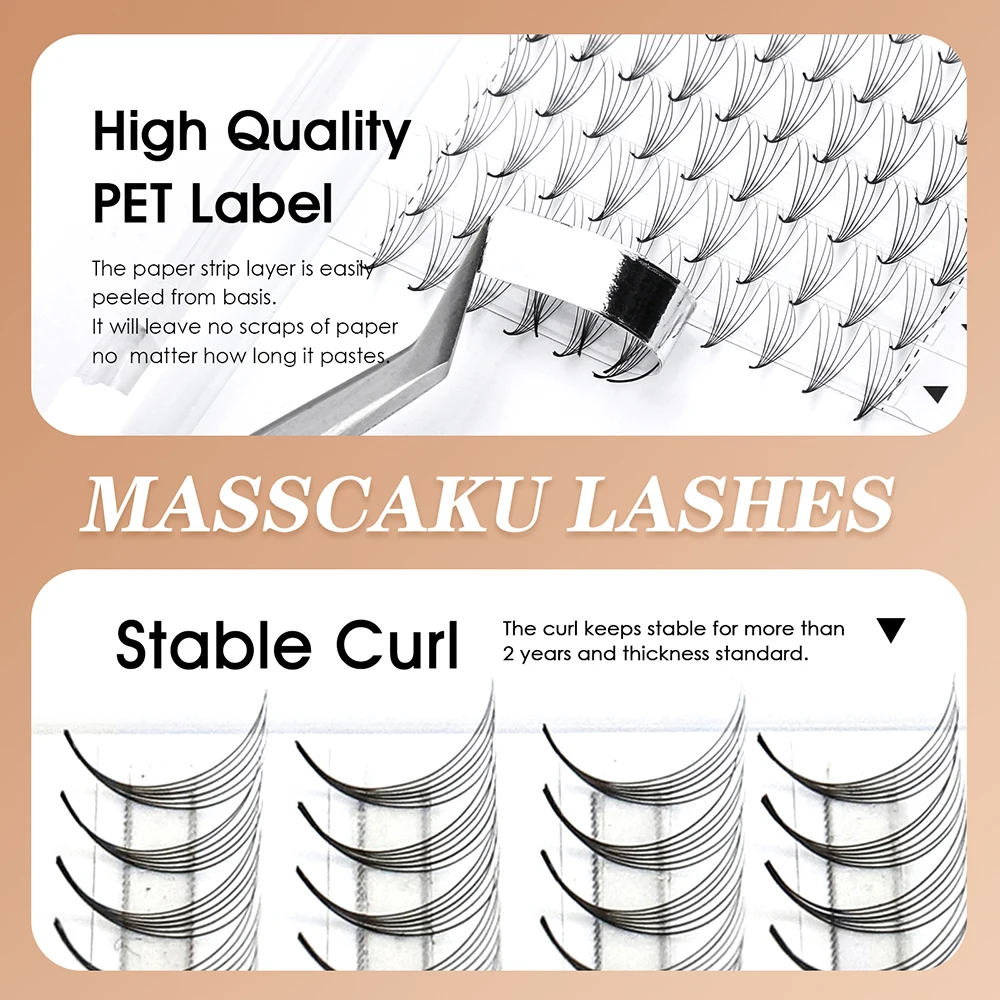 High Quality 5cases/lot MASSCAKU Handmade Sharp Narrow Stem Lashes 8-15mm and Mix Size Wispy Thin Root Pointy Base Lash in Stock