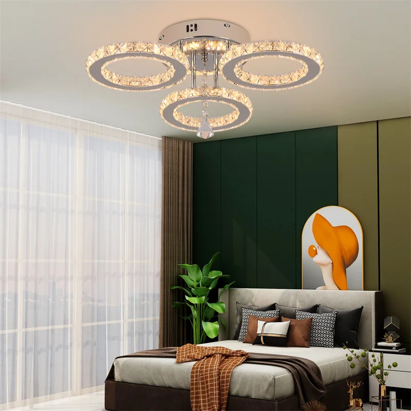 Crystal Chandelier Mirror Stainless Steel Flush Mount Pendant Ceiling Lamp for living room Fixtures Dimmable Porch Dining Room