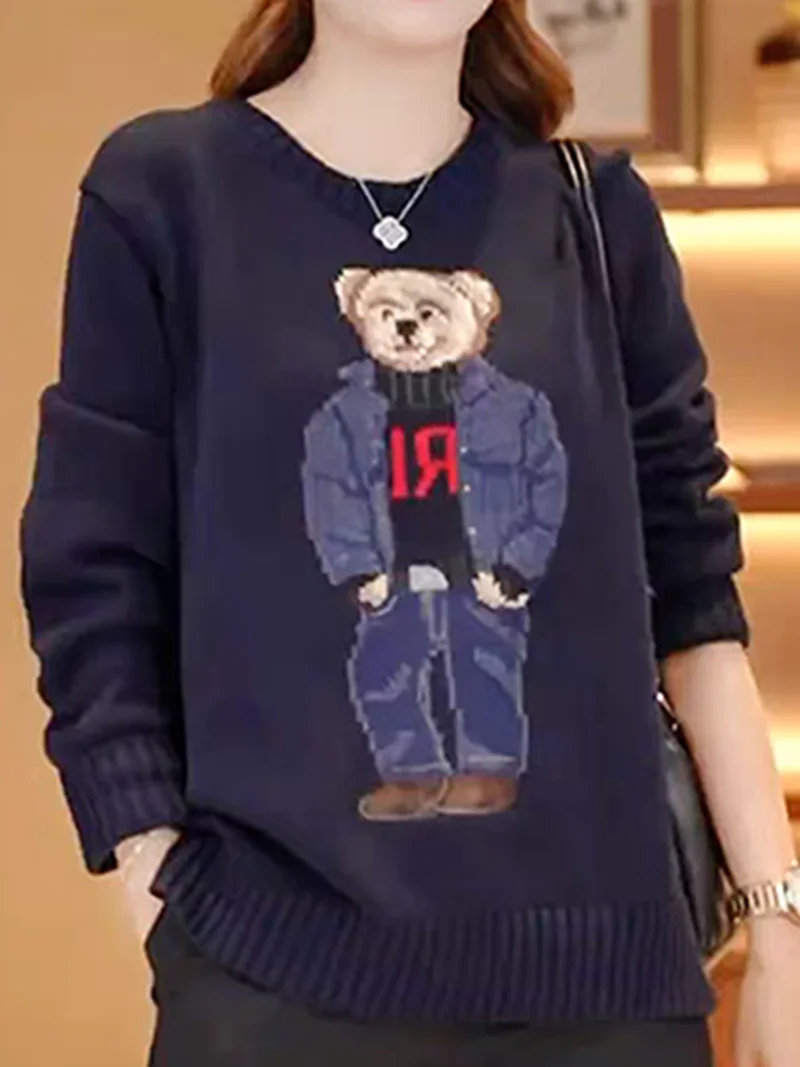 Women\'s Sweater 2024 Autumn/冬季 New Comfort Casual Bear Cartoon Pattern Pure Cotton Warm Sweater Sports Sweater