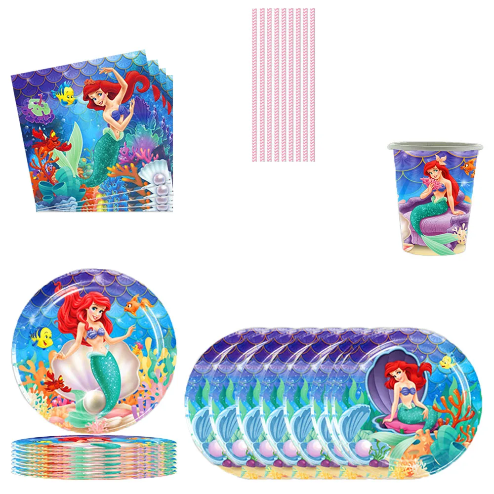 The Little Mermaid Princess Ariel Tableware Set Birthday Party Decorations Paper Plate Napkin Cup Tablecloth Party Supplies