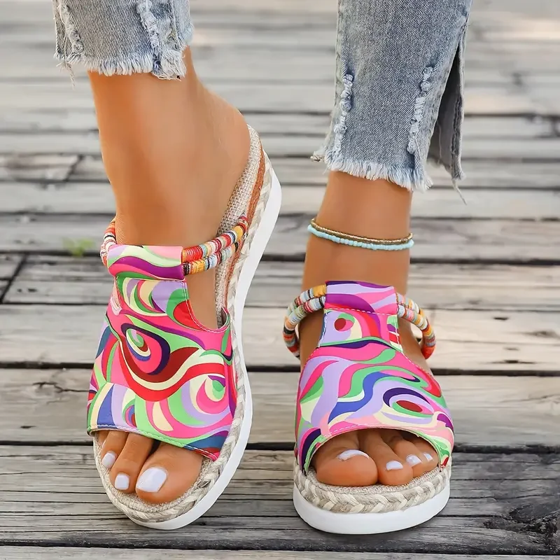 

Women's Skull Printed Sandals, Colorful Woven Seaside Slide Platform Shoes, Halloween Comfort Wedge Beach Slide