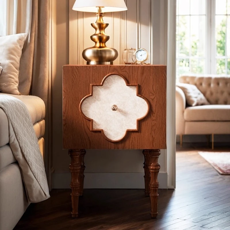 HHMedieval Bedside Table French Ash Wood Artistic Four-leaf Clover Walnut Sofa Side Table Bedroom Bedside Table