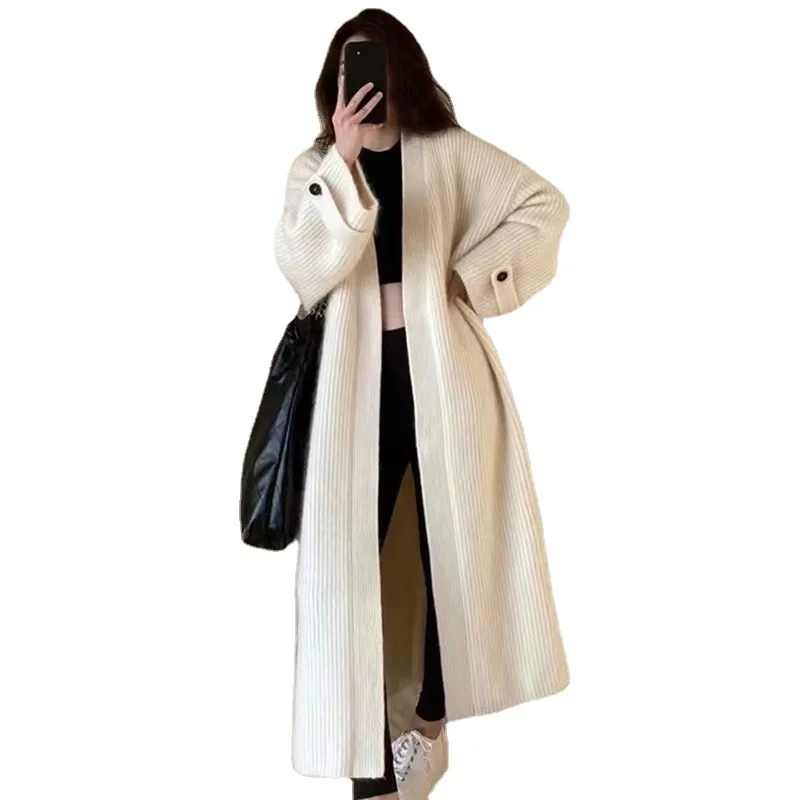 Cardigã de malha comprida feminino, solto, sólido, ponto aberto, manga cheia, elegante, para outono e inverno