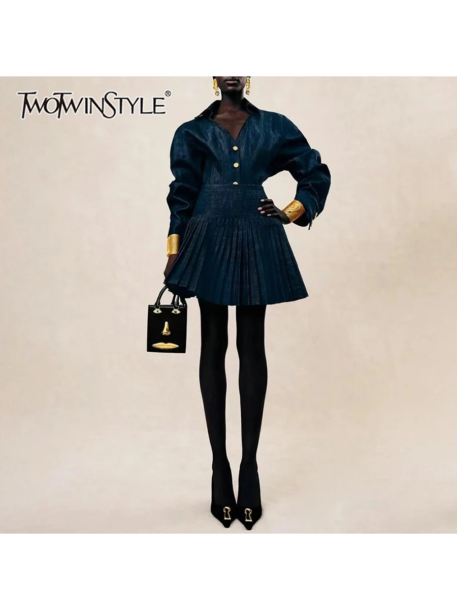 

TWOTWINSTYLE Two Piece Sets For Women Lapel Long Sleeves Spliced Single Breasted Top High Waist Patchwork Folds Skirt Set Female