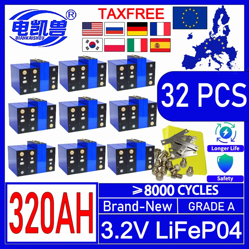 

32pcs new 3.2V 320Ah LifePO4 battery DIY 12V 24V 48V solar suitable for RV solar high-quality A-class rechargeable battery