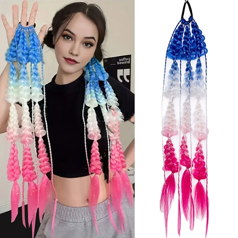 فانوس طويل مضفر ذيل حصان مع ربطة شعر مستقيمة 1 قطعة ذيل حصان الاصطناعية تمديد فقاعة ملونة جديلة #1