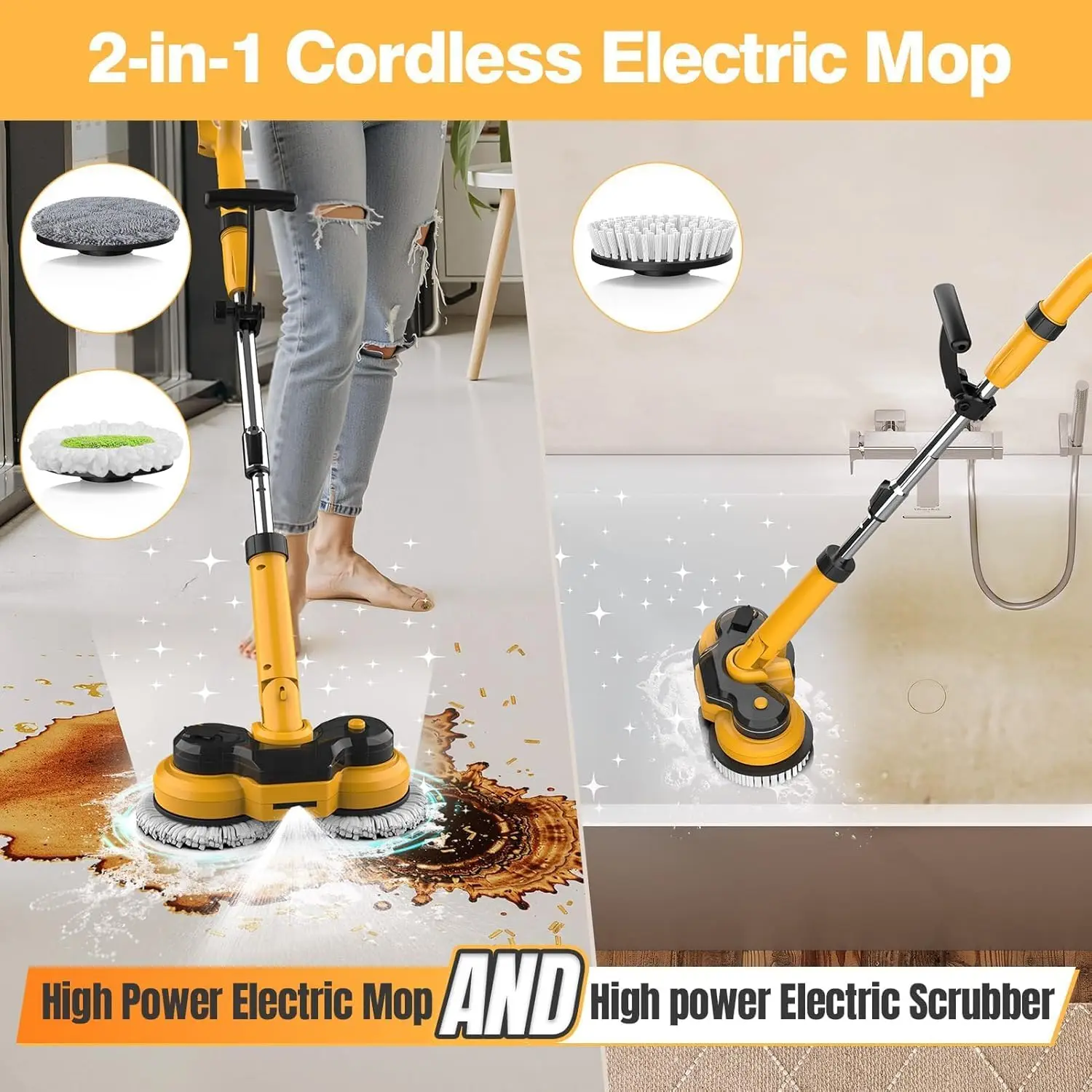 Cordless Electric Mop for Dewalt 20V Battery (NO Battery), 2 in 1 Spin Mop & Electric Floor Scrubber Machine with LED Light & Wa