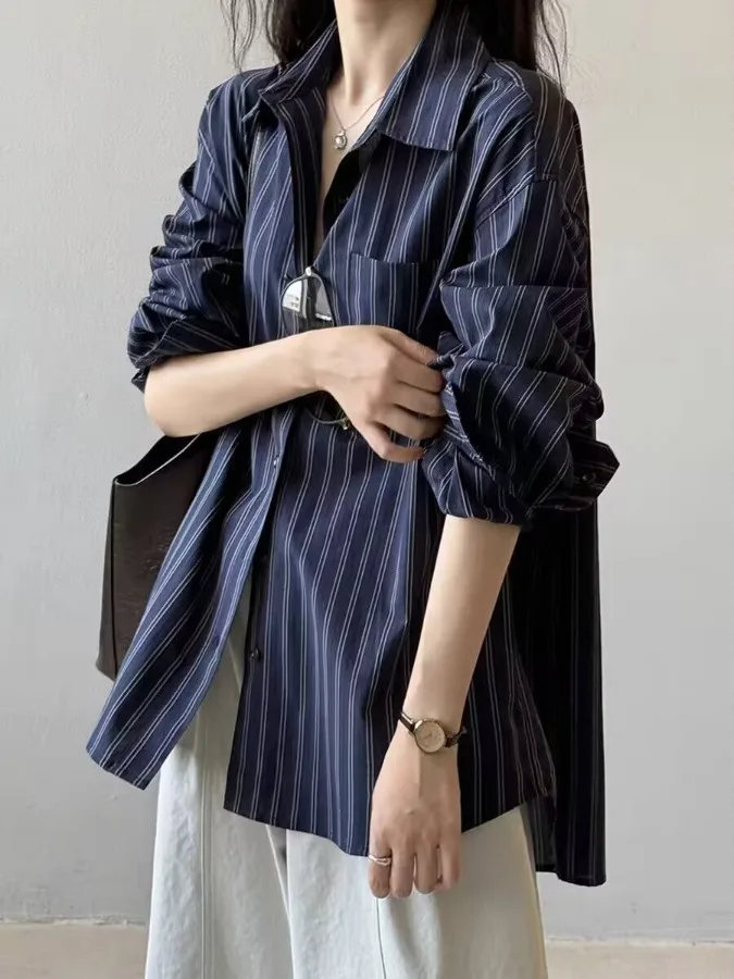 

Spring New Sle Casual Striped Single ket Long Sve irt for plus Size Women Faionable Button up Cardigan
