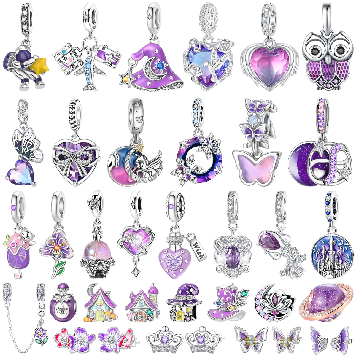 925 Sterling Silver Purple Dreamy Magic House Butterfly Iris Flower Beads Pendants Fit Women DIY Bracelet Necklace Jewelry Gifts