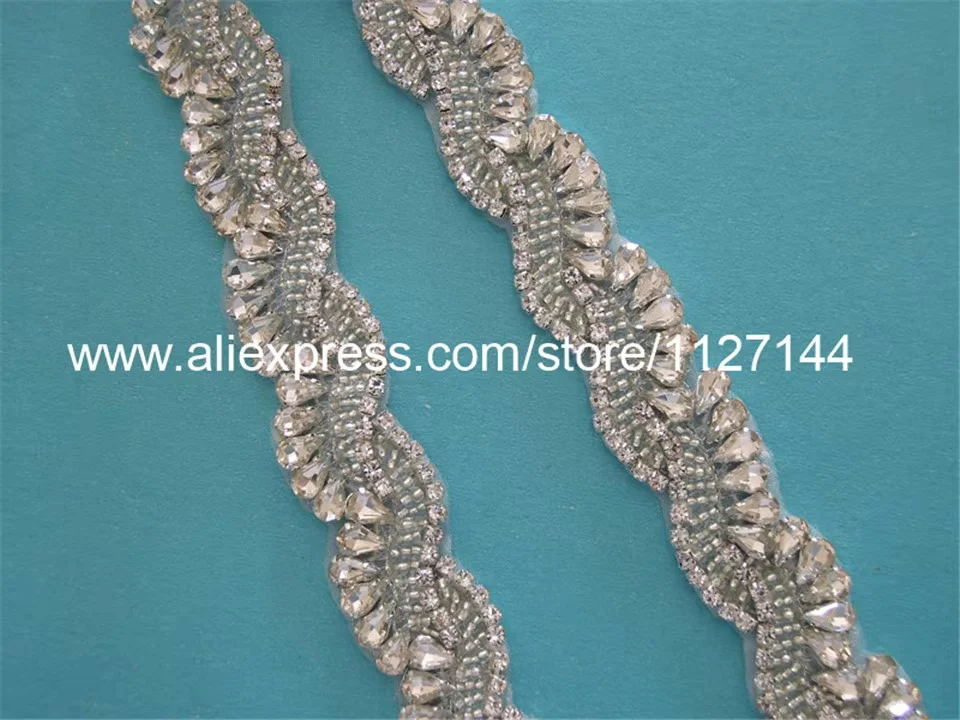 (10 yards) Wholesale hand beaded sewing silver clear rhinestone applique trim for wedding dress WDD0629