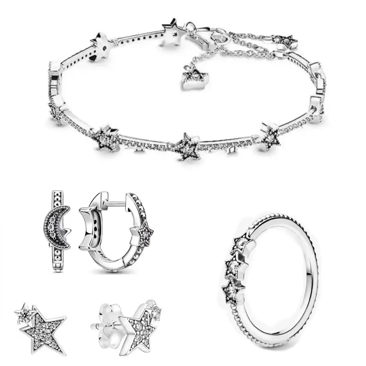 

Hot Selling 925 Sterling Silver Exquisite Set Line, Sparkling Star Bracelets, Earrings, Rings, Women's DIY Delicate Gifts