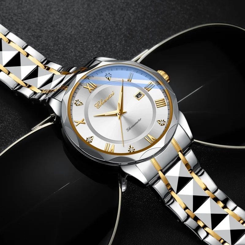 CHENXI 682 moda biznes męski zegarek kwarcowy kalendarz świecący ze stalowy pasek nierdzewnej wodoodporny prosty eleganckie zegarki dla mężczyzn