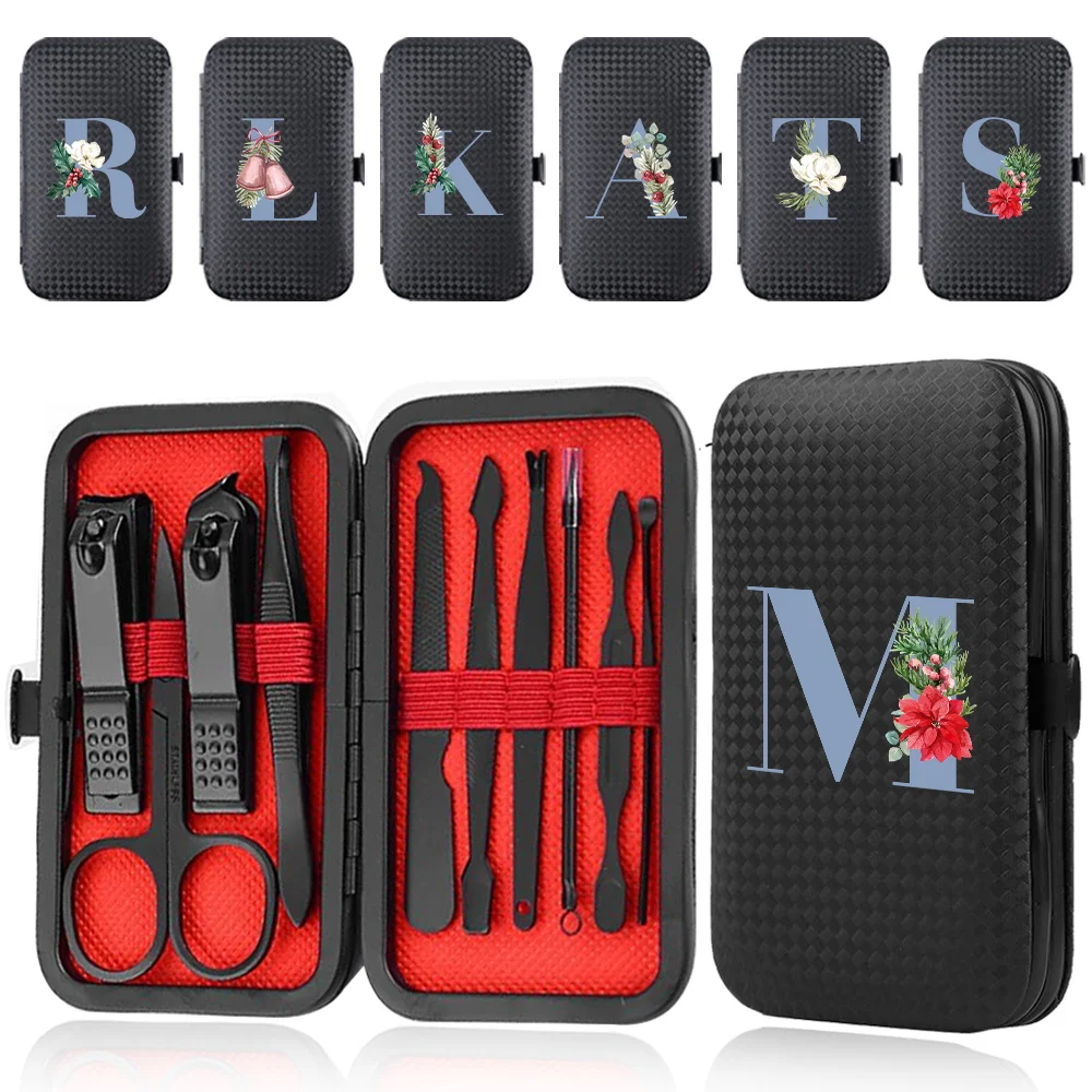 

10Pcs Manicure Set Stainless Steel Nail Clipper Kit Portable Pedicure Care Tool Case Pocket Travel Organizer Blue Letter Pattern