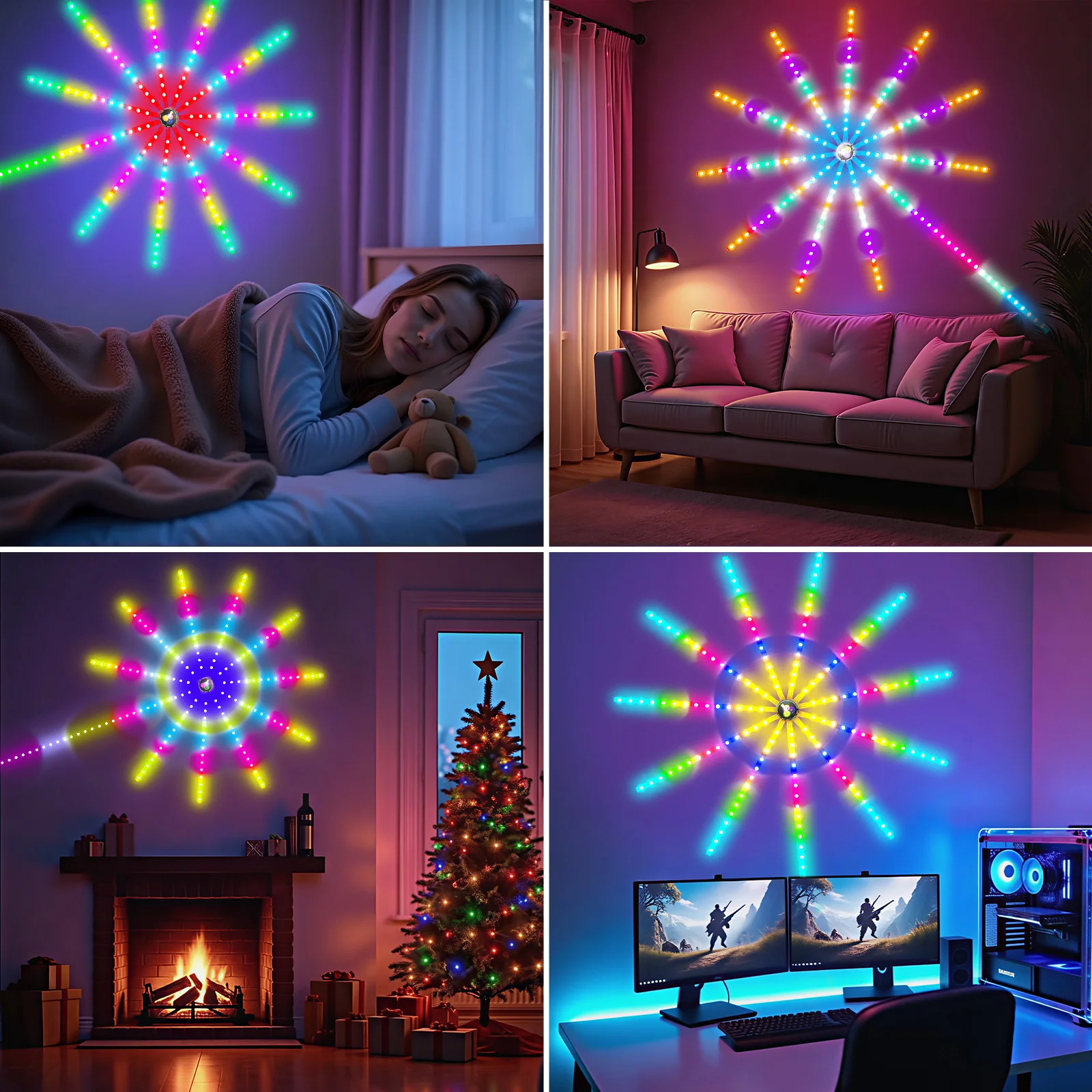 Luci LED per fuochi d'artificio intelligenti con telecomando e controllo tramite app, sincronizzazione del microfono musicale, cambio colore IC RGB per la decorazione di feste al coperto