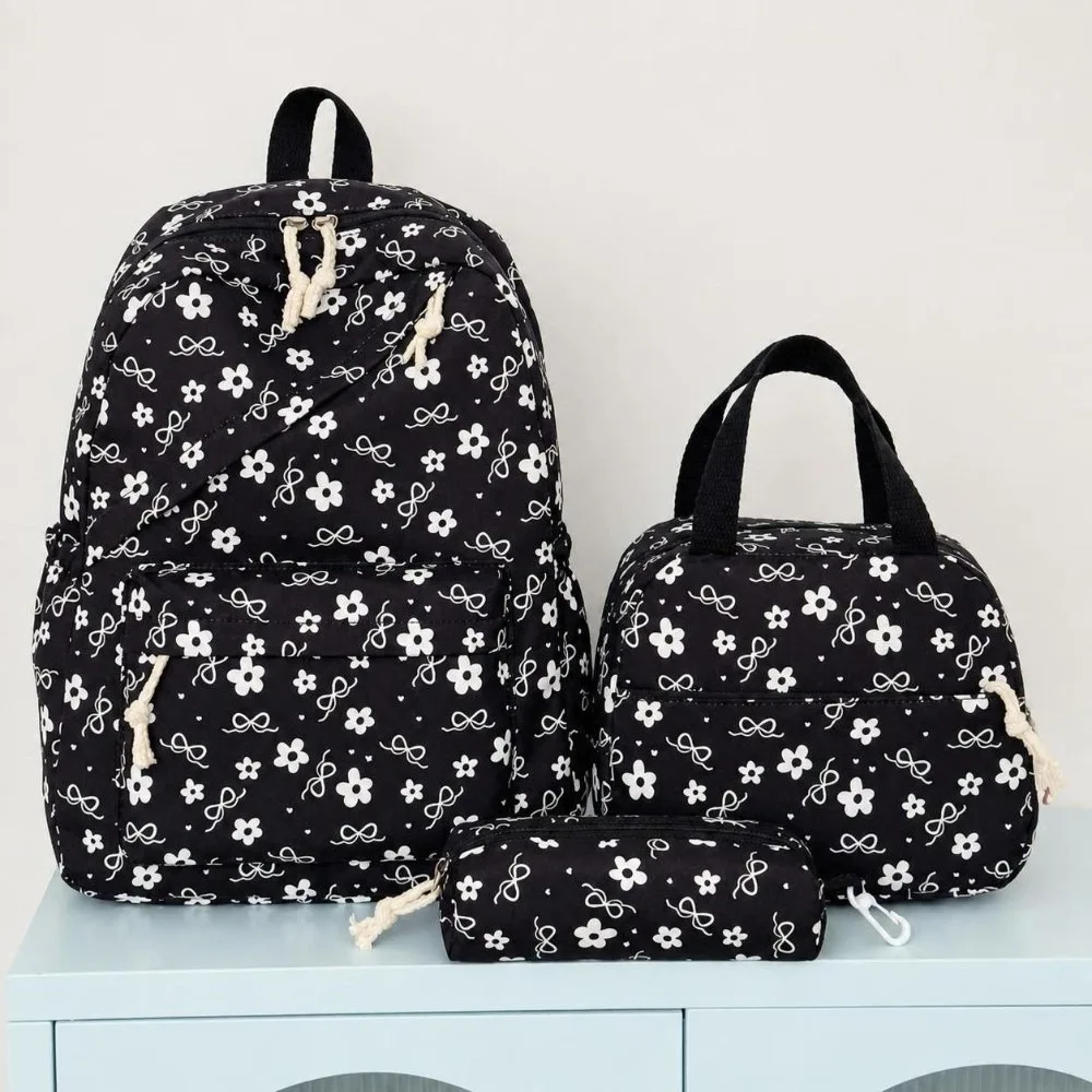 3PCS Bow Print Backpack,lunch Bag,Pencil Case Set Spacious Lightweight Schoolbag Set Waterproof Portable Student Rucksack Set