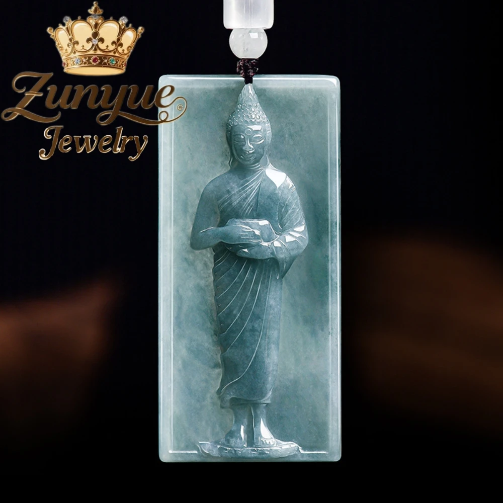 A-Grade Natural Icy Blue Water Jade Hand Carved Standing Buddha Pendant Fashion Jadeite Charm Accessory Men Women Daily Matching