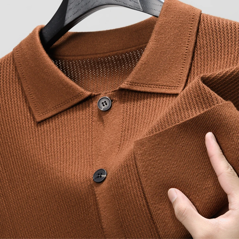 High-quality Men's Delicate Hollow Knit Cardigan, Lapel Single-breasted Button Autumn Sweater Versatile Knitwear for Daily Wear.