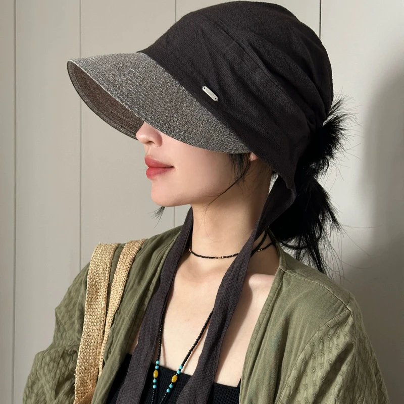 

2026 Summer Linen Silk Turban Hat 2-in-1 Wrap Cap Retro Pleated Bowknot Sun Protection Breathable Vintage Headwrap for Women