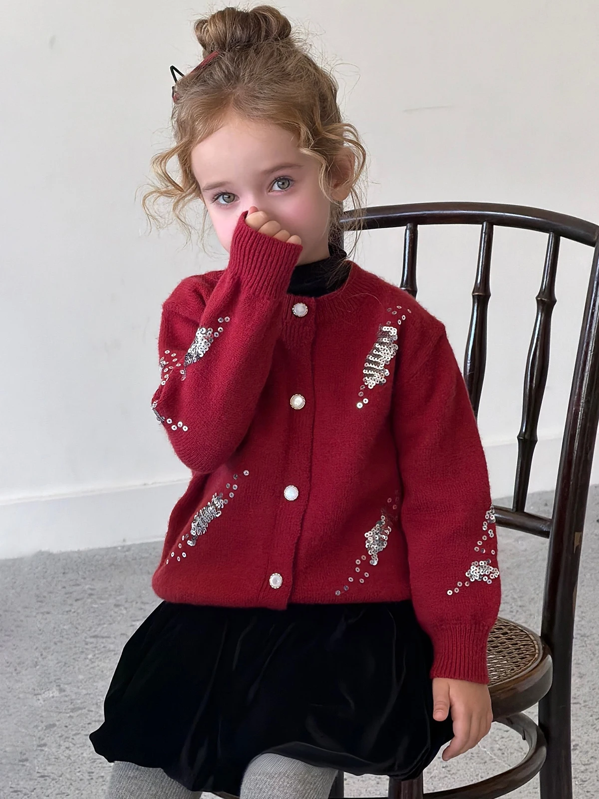 Girls Sequin Embroidered Cardigan – Star Pattern Knit Sweater for Christmas 2026, Red Sparkly Holiday Outerwear for Toddler Kids