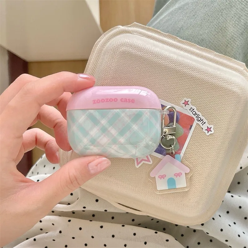 Cute Summer Color Contrast Plaid Pattern Earphone Case For Airpods 4 3 2 1 Pro2 Pro3 Wireless Bluetooth Cover Shell with Pendant