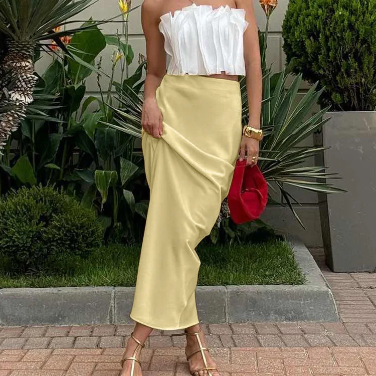 Elegant Yellow Draped Half-length Skirt High-waisted Wrap-around Long Skirt for Women Commute Fish-tail Silhouette Slim-fit