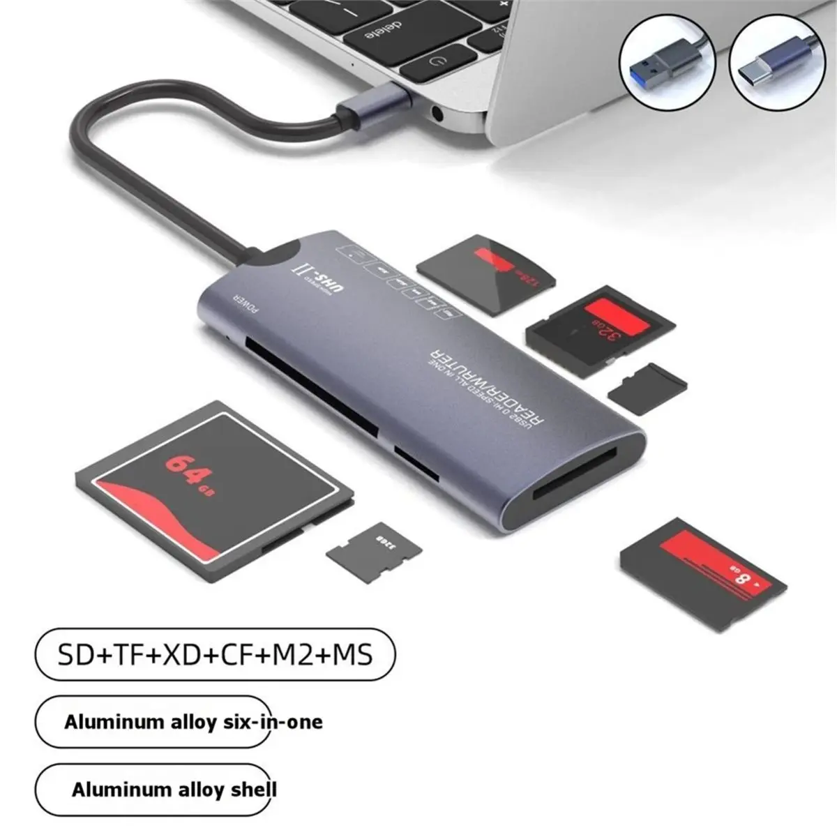 computer 6 in 1 TYPE-C Multifunctional Reader SD/TF/XD/CF/M2 Memory Card Adapter for Cameras Computers High-Speed Data Transfer