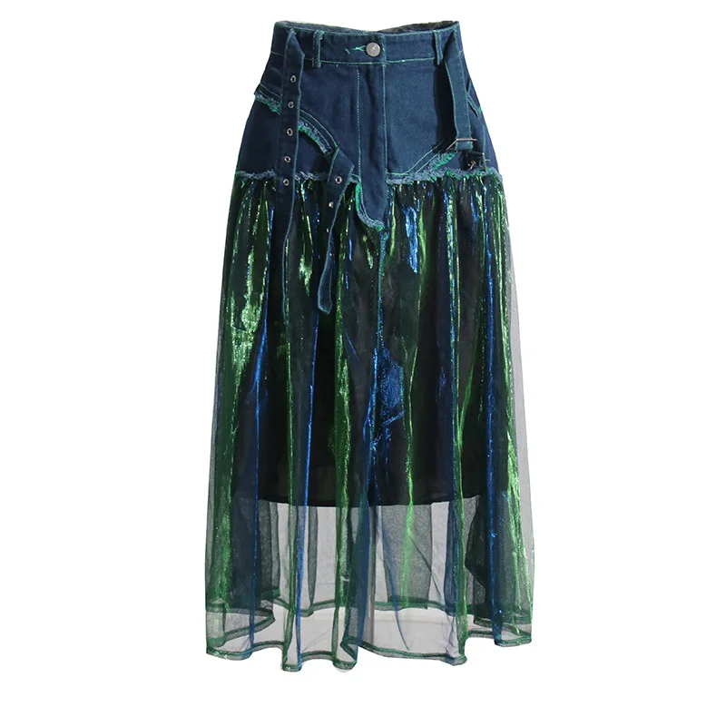 

2026 Spring New Arrival Denim Patchwork Mesh Color Block High Waisted Skirt for Women