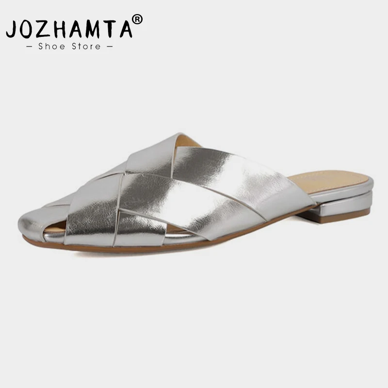 JOZHAMTA Size 33-40 Women Flats Slippers Real Leather Woven Summer Shoes Low Heels 2025 Casual Daily Home Dress Slides Sandals