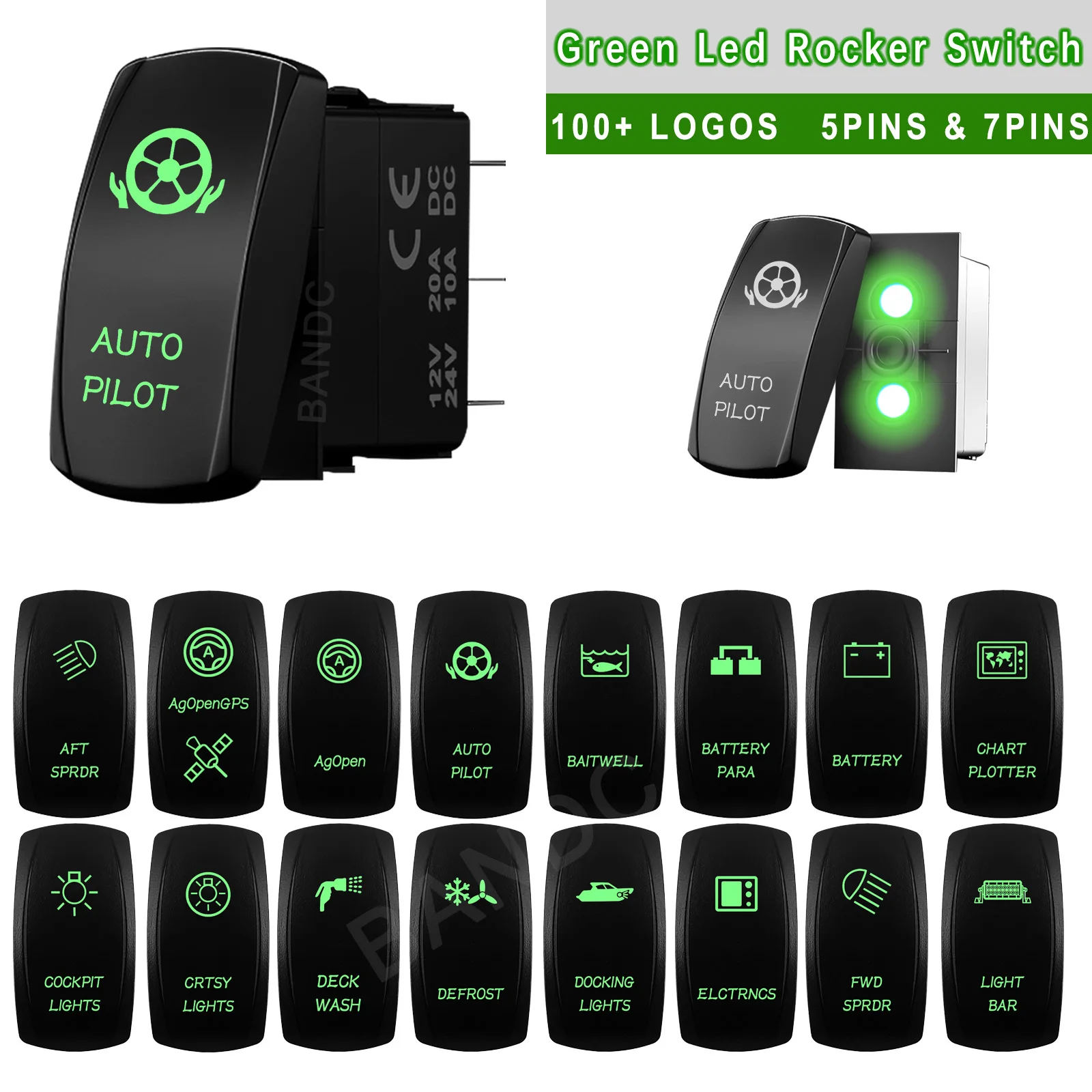 Waterproof Rocker Switch AUTO PILOT Marine Switch Green Light AgOpenGPS Button OFF-ON / ON-OFF-ON for Boats, Yatchs, Tractors