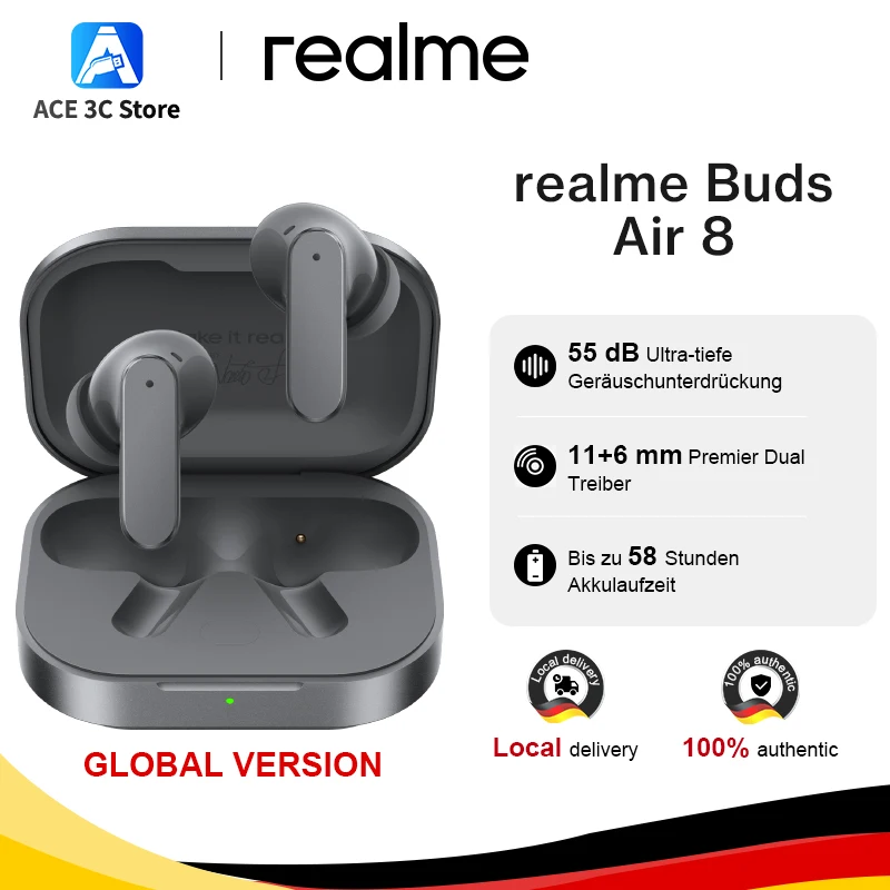 Version Globale realme Buds Air 8 Écouteurs avec Réduction de Bruit Ultra Profonde de 55 dB, Double Transducteurs de Premier Ordre 11+6 mm, Conception Maîtresse, IP55