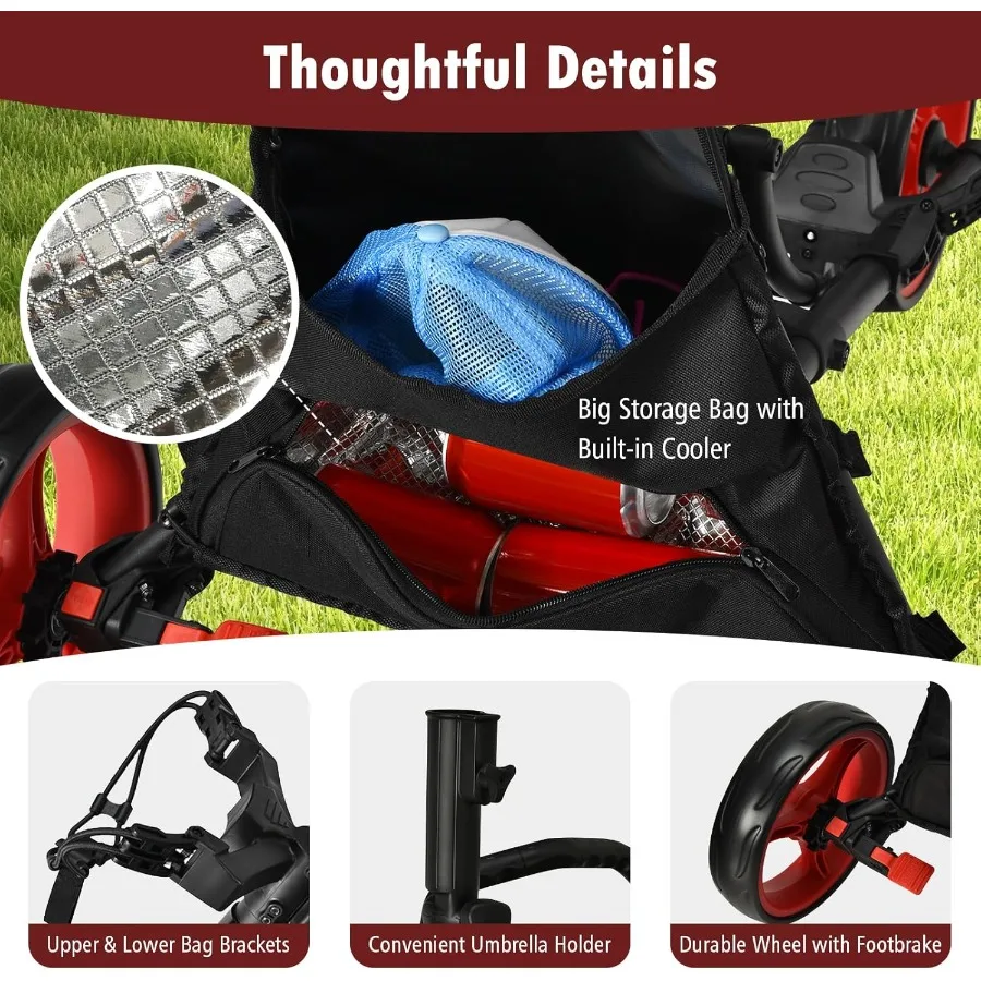 عربة دفع جولف ذات 3 عجلات مع إطار من الألومنيوم لسهولة النقل وتخزين الميزات وحزام مطاطي وحامل المظلة وحامل الكأس Sco #2