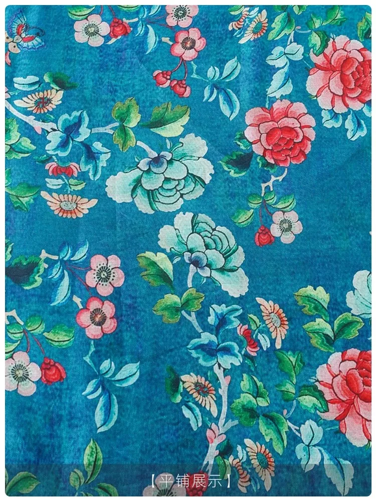 Tela de lino puro natural de 1 yarda, estampado de flores azules, tela para vestido, camisa, bolso, cheongsam, tela diy para ropa