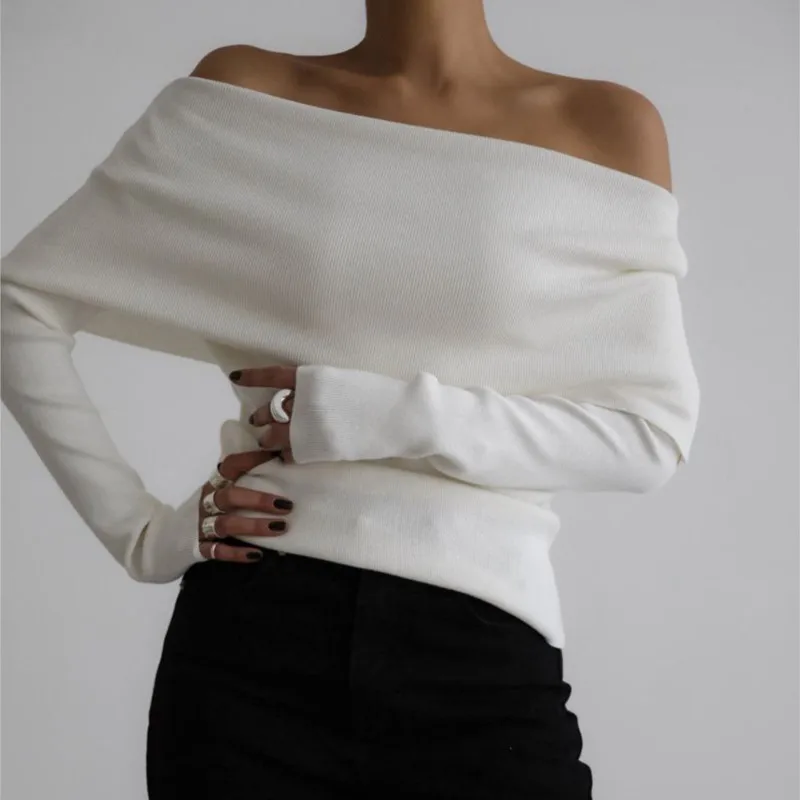 New fashion White Off Shoulder Knitted Sweater for Women Long Sleeve Solid color Knitwears Pullovers Top Jumper Clothing 2026